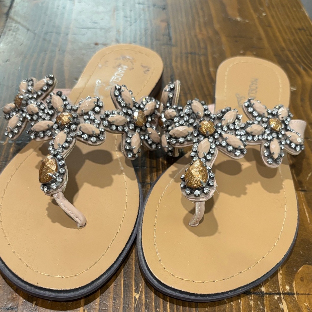 Vintage Madeline Stuart Floral Embellished Sandals - Tan and Gold